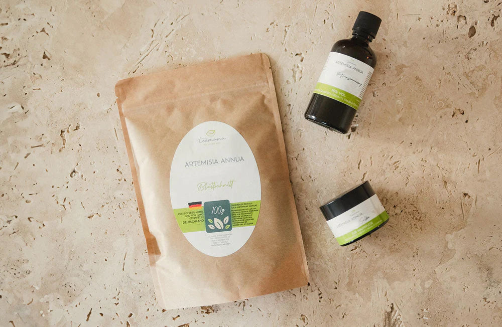 Umweltschonende Verpackungen von Artemisia Annua Produkten. Eine aus Papier, mit Blattschnitt, eine Salbe im braunen Glas und einer Tropfentinktur in einer kleinen braunen Flasche.